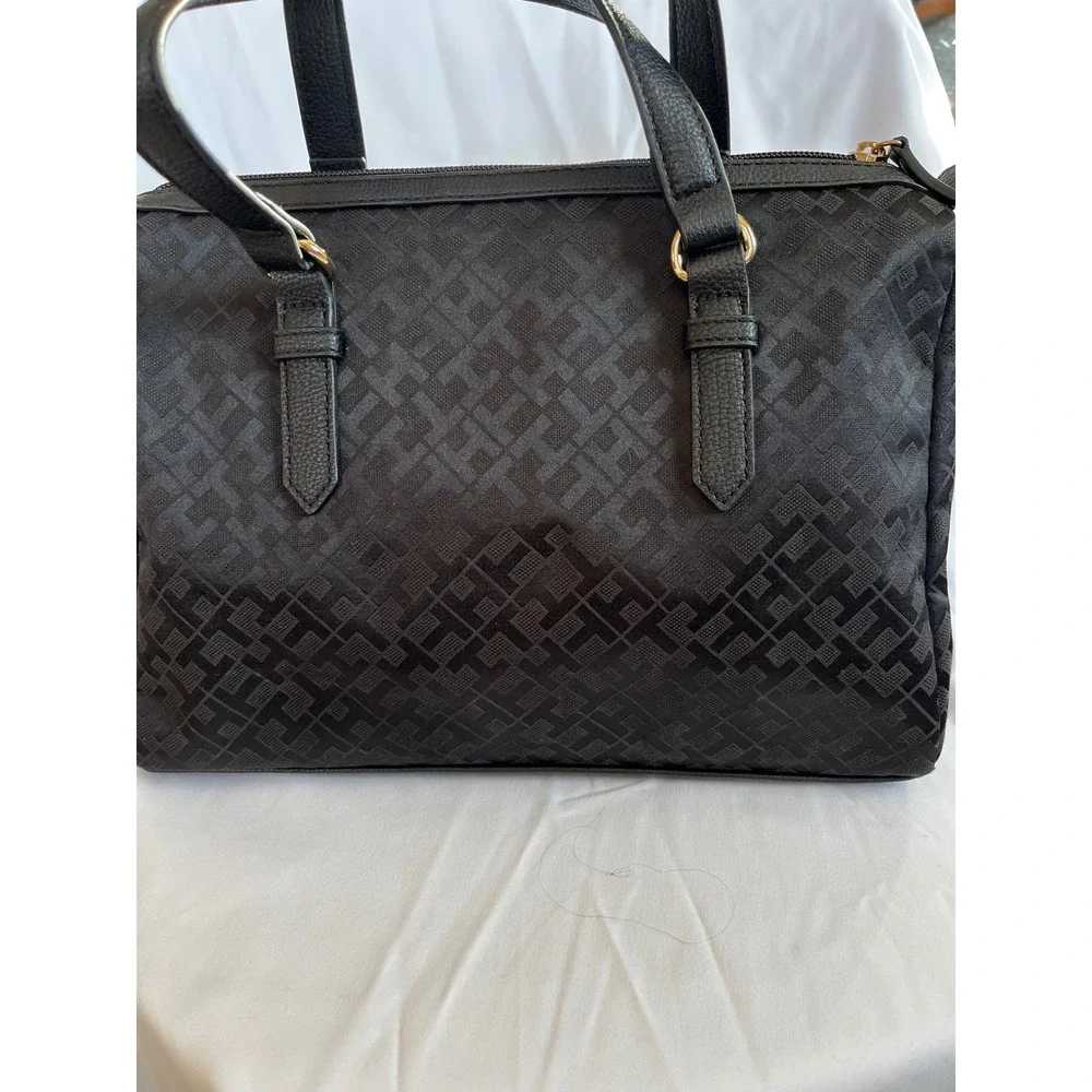 Tommy Hilfiger Black Signature Monogram Satchel‎ Handbag Gold Hardware